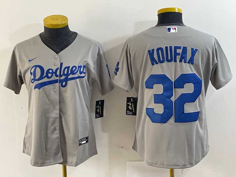 Womens Los Angeles Dodgers #32 Sandy Koufax Grey Cool Base Stitched Jersey